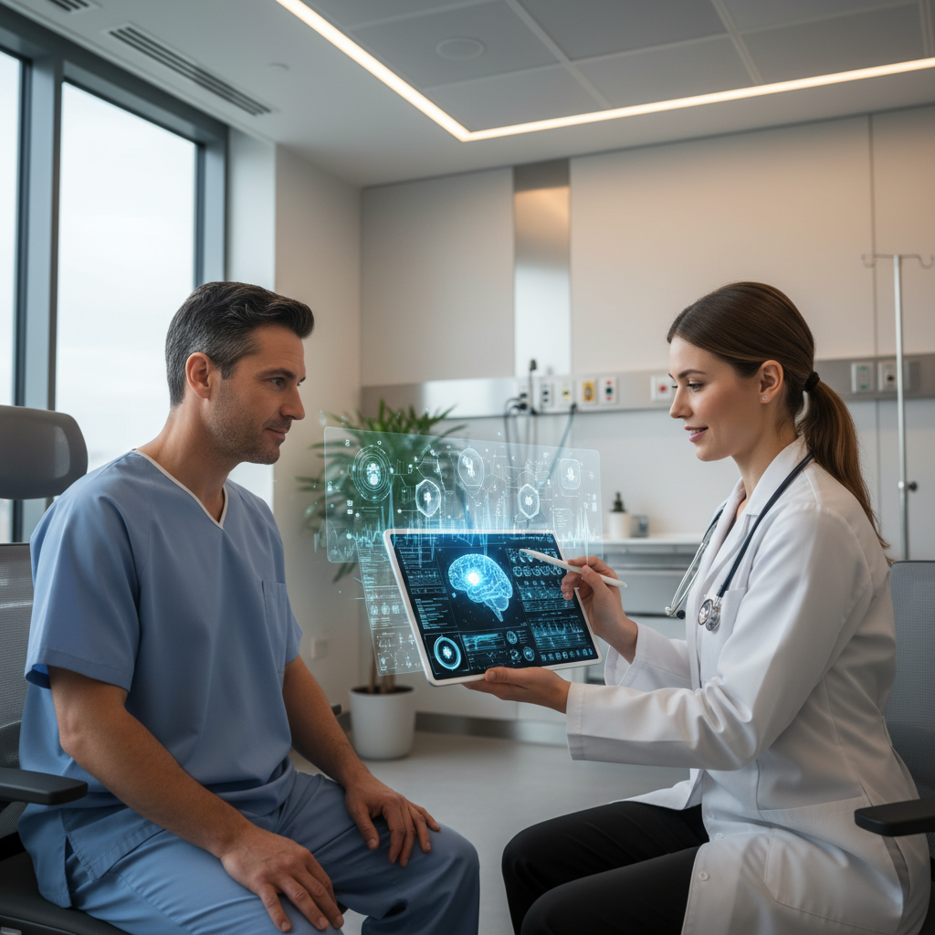 A photorealistic image showing a doctor and a patient looking at a tablet displaying AI-generated medical imagery and data visualizations, with a subtle holographic interface overlay. The setting is a modern, clean hospital room, with soft lighting.