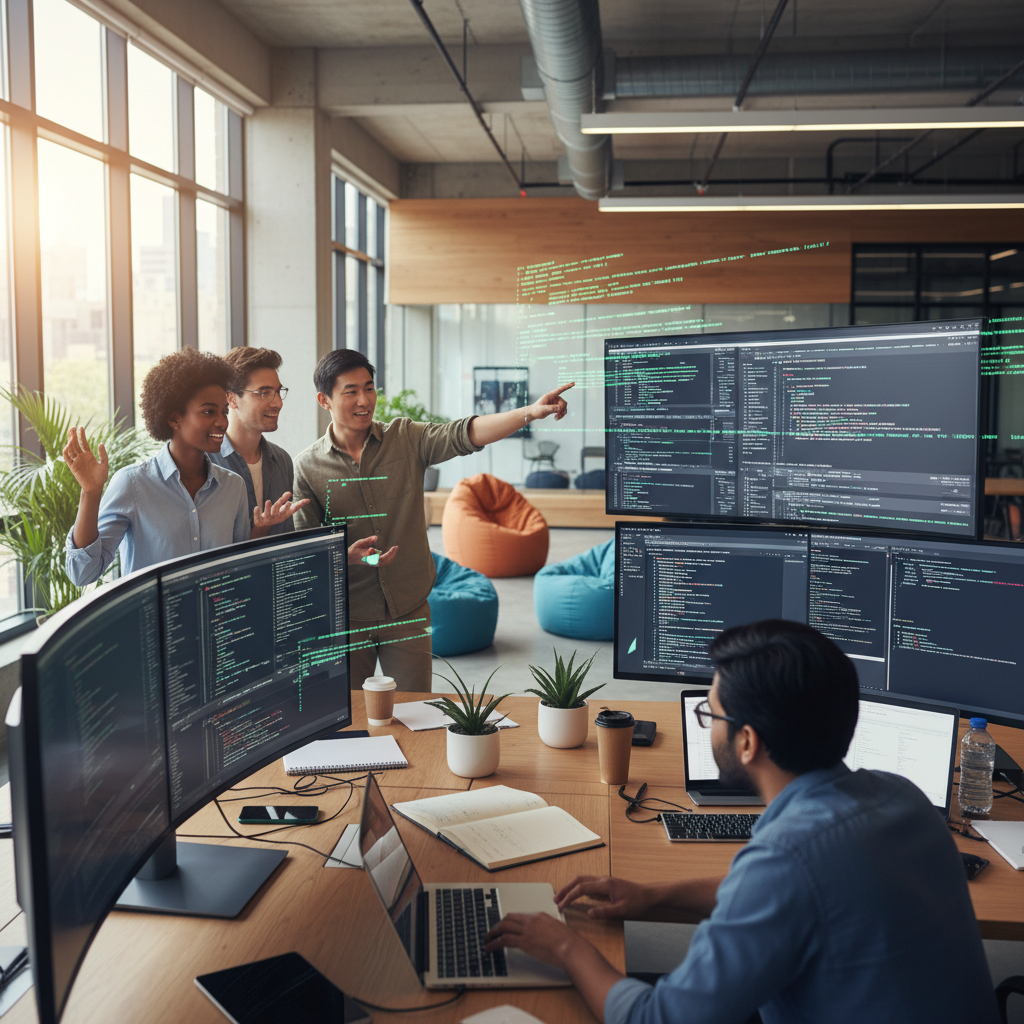 A diverse group of software developers in a modern, collaborative office space, some looking at code on large screens, others discussing ideas. The atmosphere is energetic and innovative, with glowing code snippets subtly overlaid on screens, photorealistic, 8K.