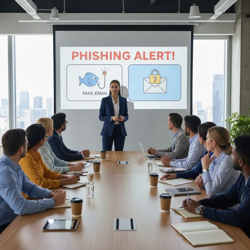 A professional cybersecurity expert conducting a security awareness training session in a modern office, showing animated slides about phishing. Photorealistic, clear visuals, diverse group of attentive participants.