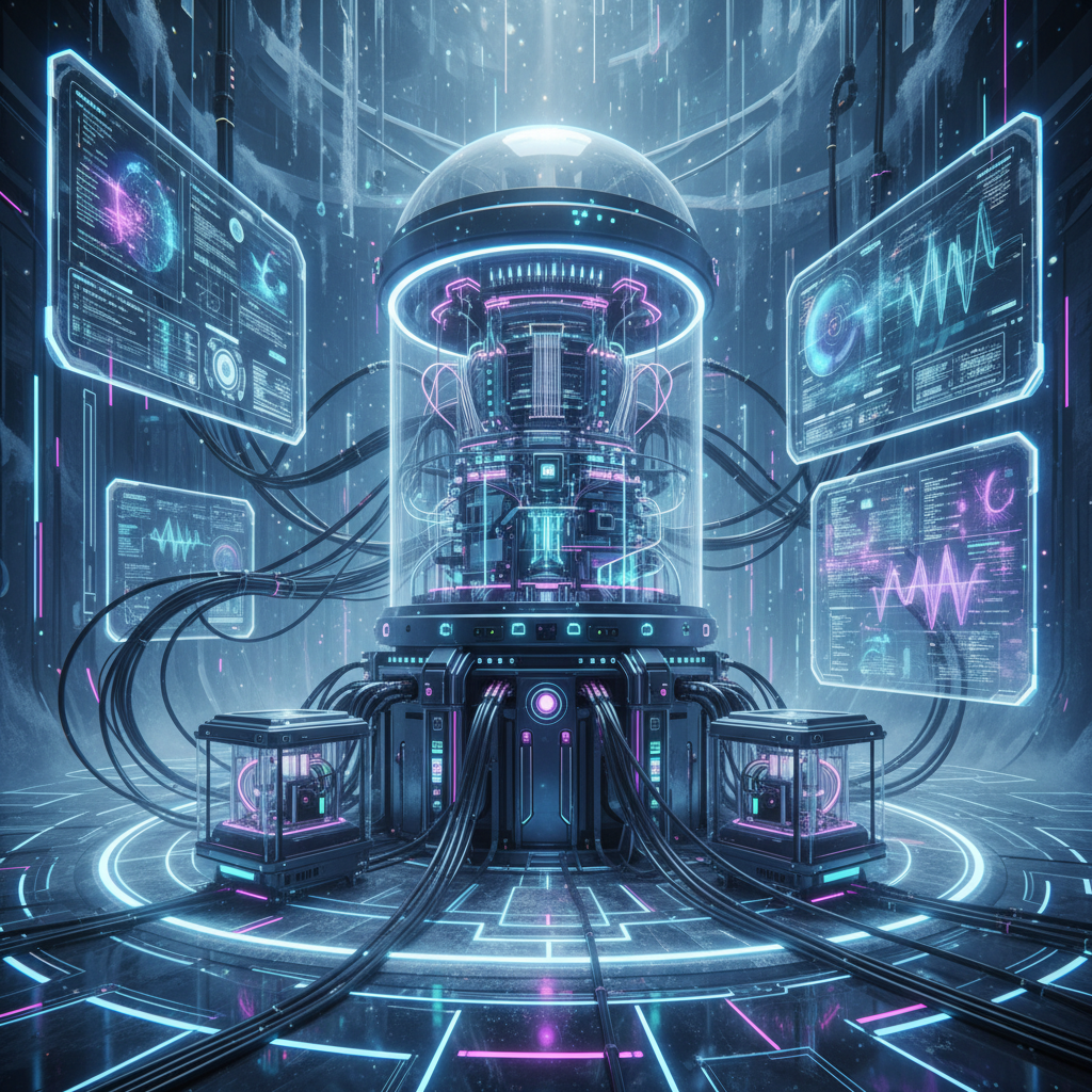 A photorealistic, highly detailed image of a stylized, futuristic quantum computer setup in a pristine, cold environment, with intricate wiring and glowing quantum components, showcasing both complexity and cutting-edge technology.