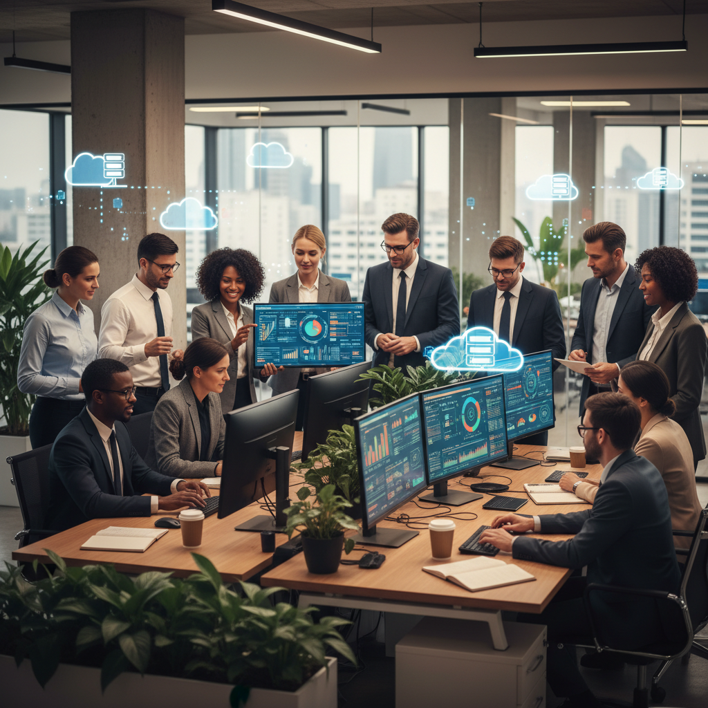 A vibrant, photorealistic image of a diverse group of business professionals collaborating seamlessly in a modern, open-plan office, looking at data on multiple screens, with cloud computing icons subtly integrated into the background. The atmosphere is energetic and focused.