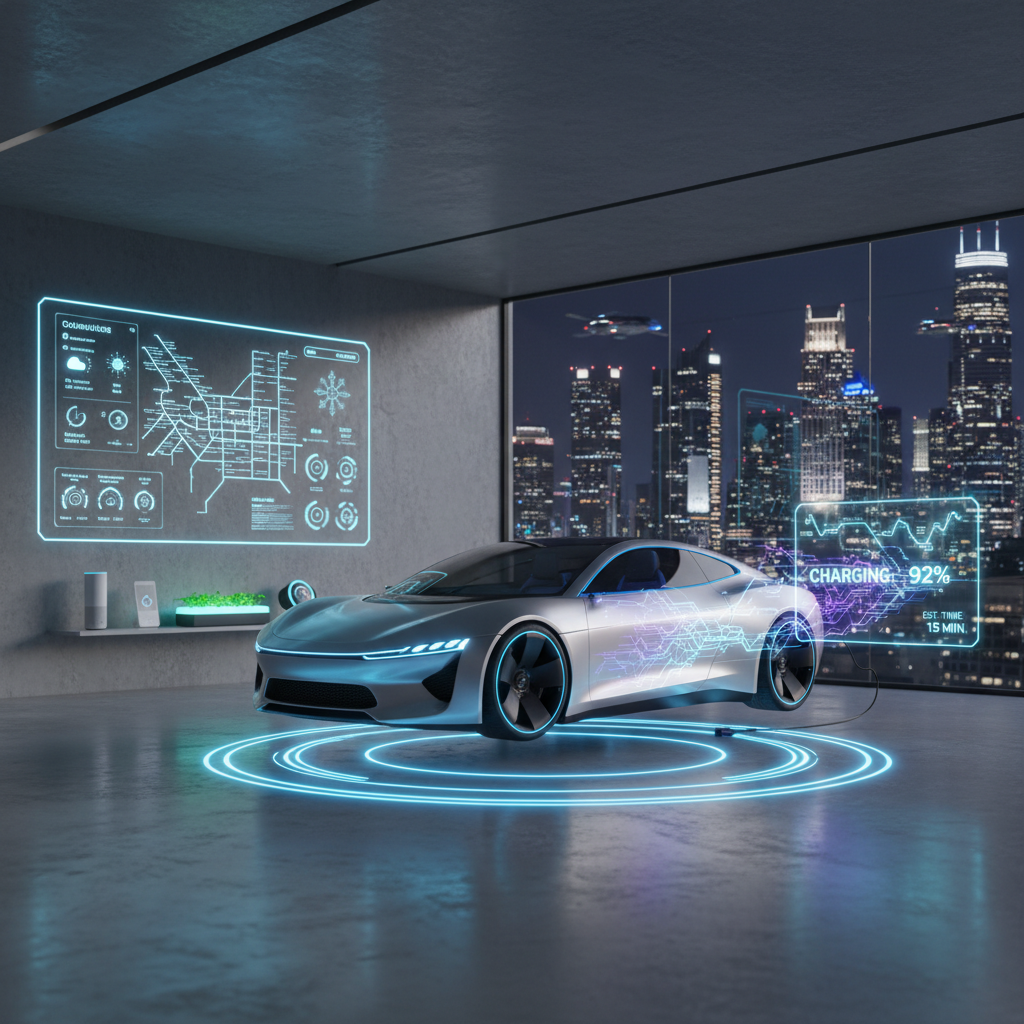 A futuristic electric vehicle charging wirelessly in a modern urban garage, with glowing energy indicators and smart home technology visible in the background, photorealistic