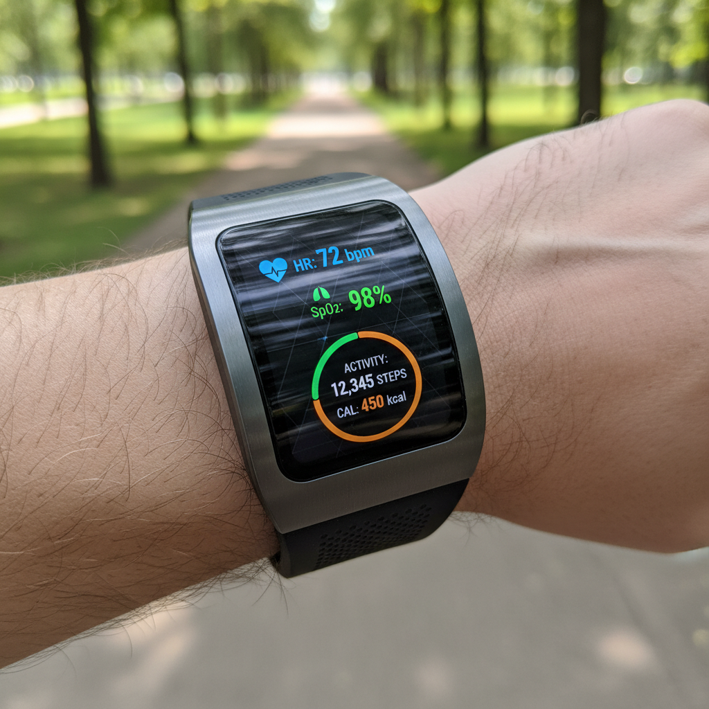 A close-up, photorealistic image of a sleek wearable device on a wrist, displaying various health metrics like heart rate, oxygen levels, and activity data on a vibrant screen, with a shallow depth of field