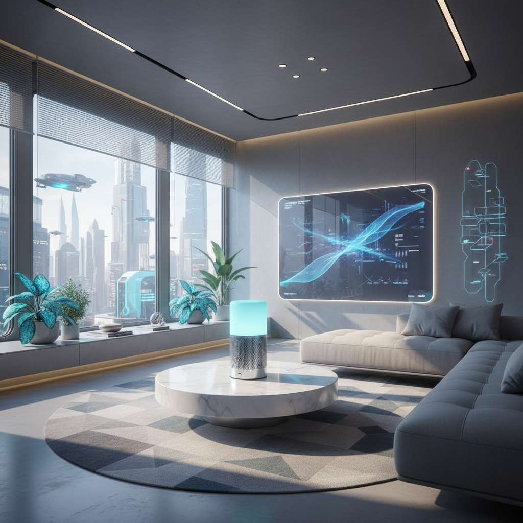 A futuristic smart home living room with a sleek smart speaker device prominently displayed on a minimalist coffee table, emitting soft, ambient light, 8K, photorealistic, cinematic lighting.