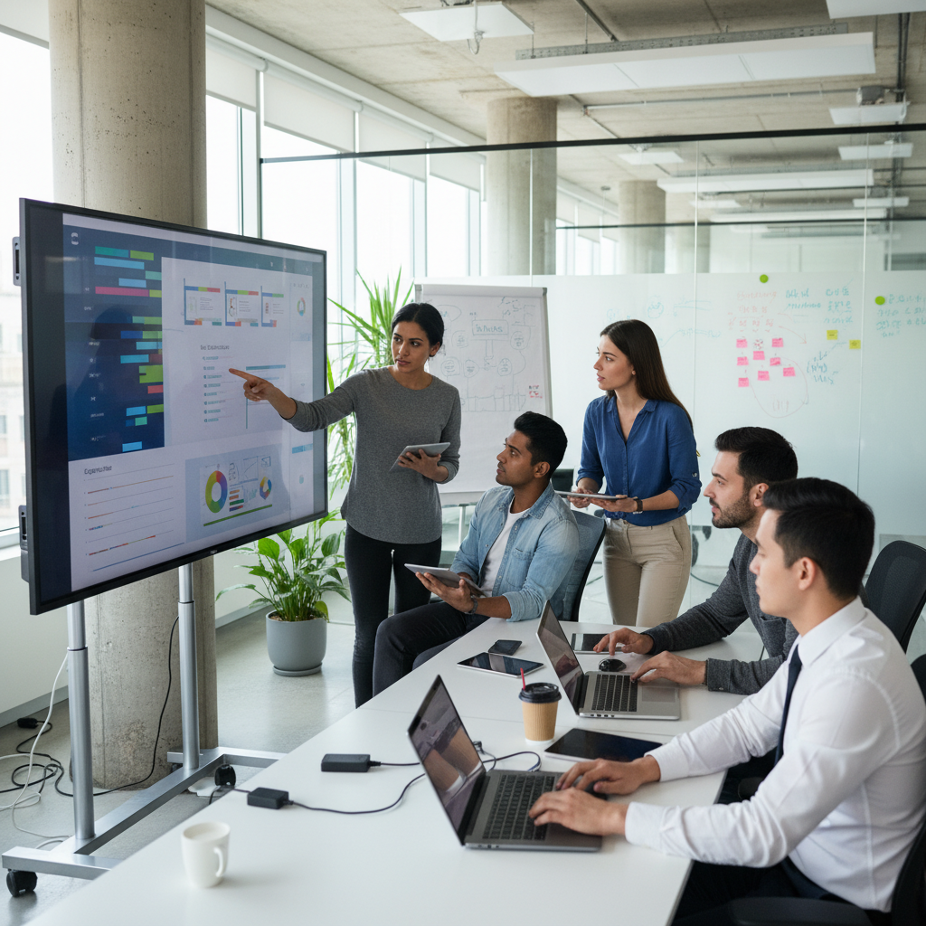 A diverse group of young professionals, men and women, collaboratively working on laptops and tablets in a modern, brightly lit office space, discussing data visualizations on a large screen. Focus on innovation and teamwork. Photorealistic.