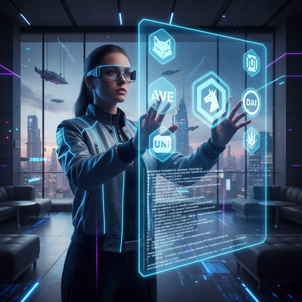 A vibrant, photorealistic image of a person interacting with a holographic interface showing decentralized application icons and smart contract code snippets, symbolizing user engagement with Web3 technologies. The setting is modern and technologically advanced.